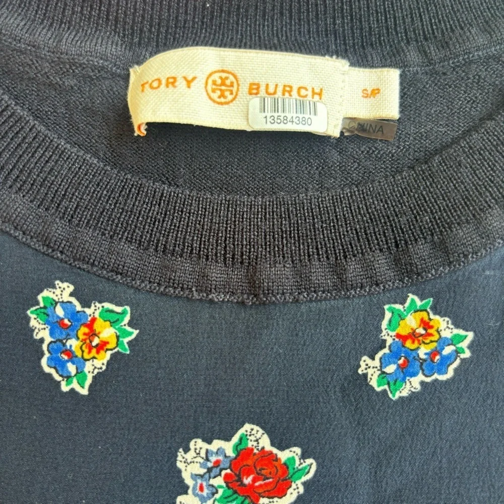 Tory Burch Navy Floral-Print Short-Sleeve Sheath Dress with Blue Trim - Picture 6 of 10